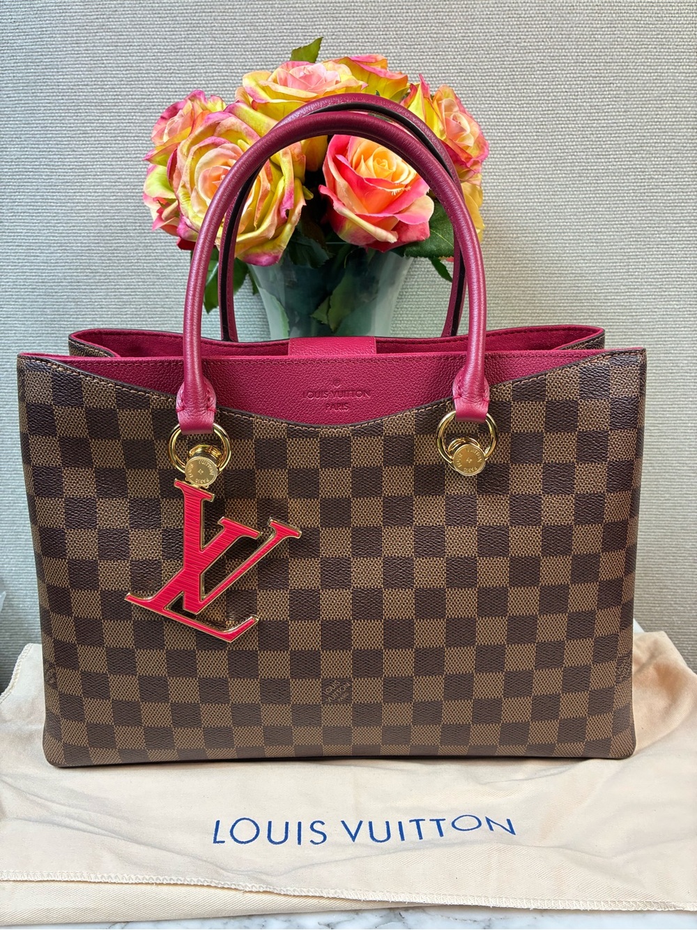 Louis Vuitton LV Damier Ebene Riverside Tote w/ Magenta Leather & LV Charm - NWT